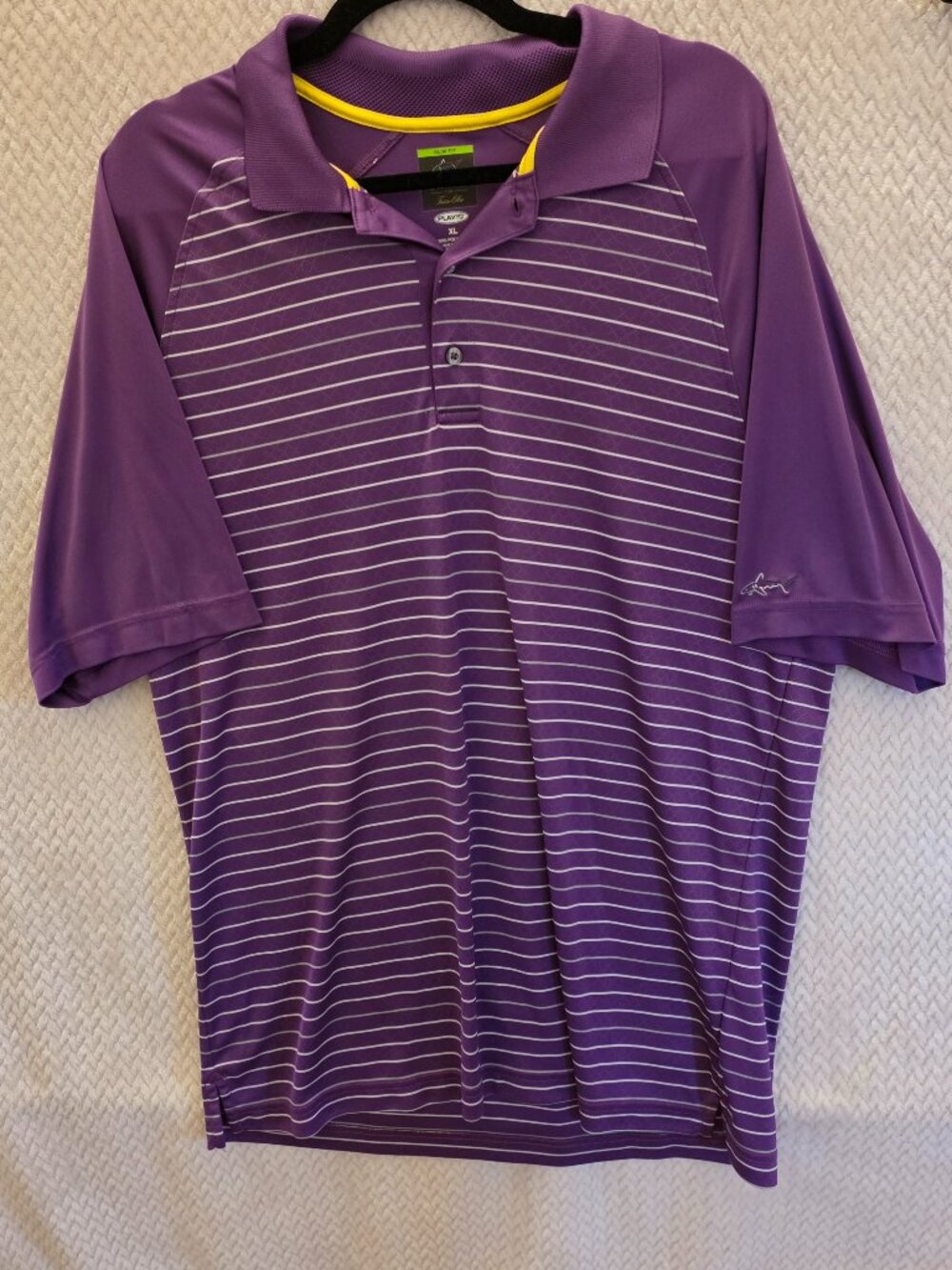 Shark Greg Norman Golf Polo Shirt Men's Purple Striped Play Dry Slim Fit SZ XL